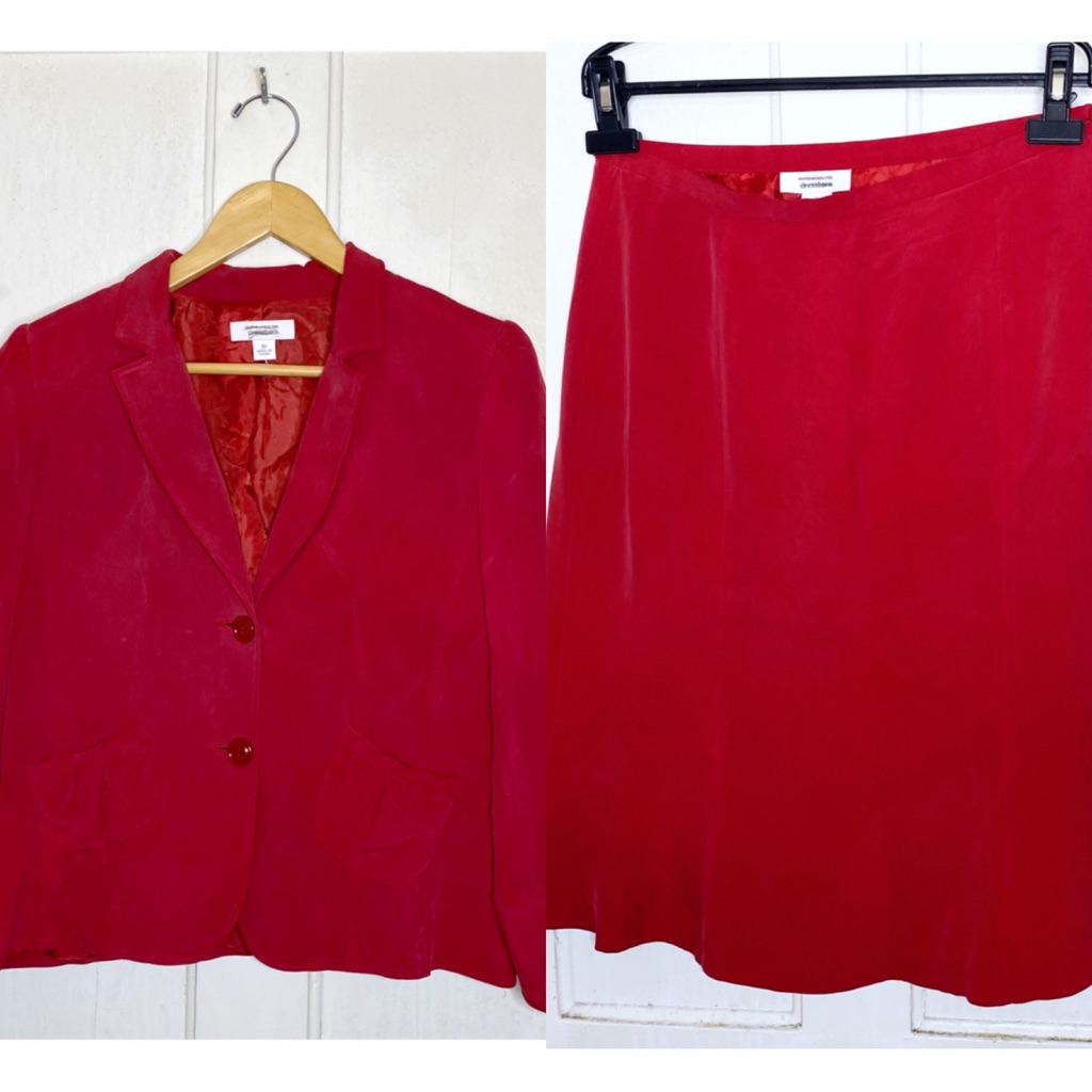 Vintage Dressbarn Size 10 : Red 100% Pure Silk Blazer Skirt Matching Outfit Set